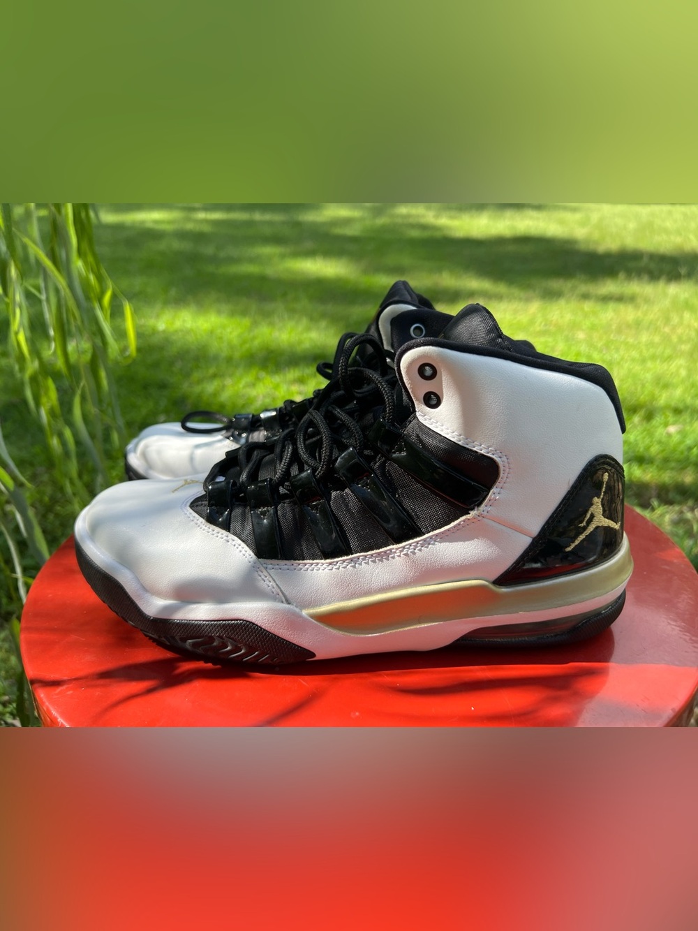 Men’s Jordan Max Aura White Metallic Gold Black High-Top Basketball Sneakers